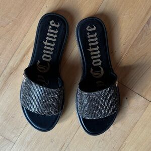 Juicy Couture Black Flat  Sandals Slides Silver Sparkle 7.5